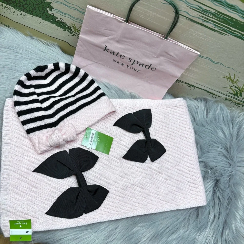KATE SPADE - Pink and Black Bow Beanie & Scarf Set + Gift Bag